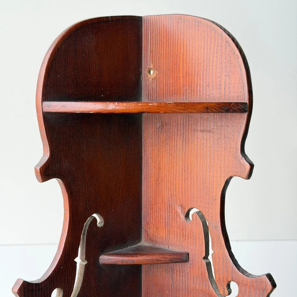 Vintage Handmade Wooden Cello Violin Shape Corner Shelf Rustic Music Room Cabin